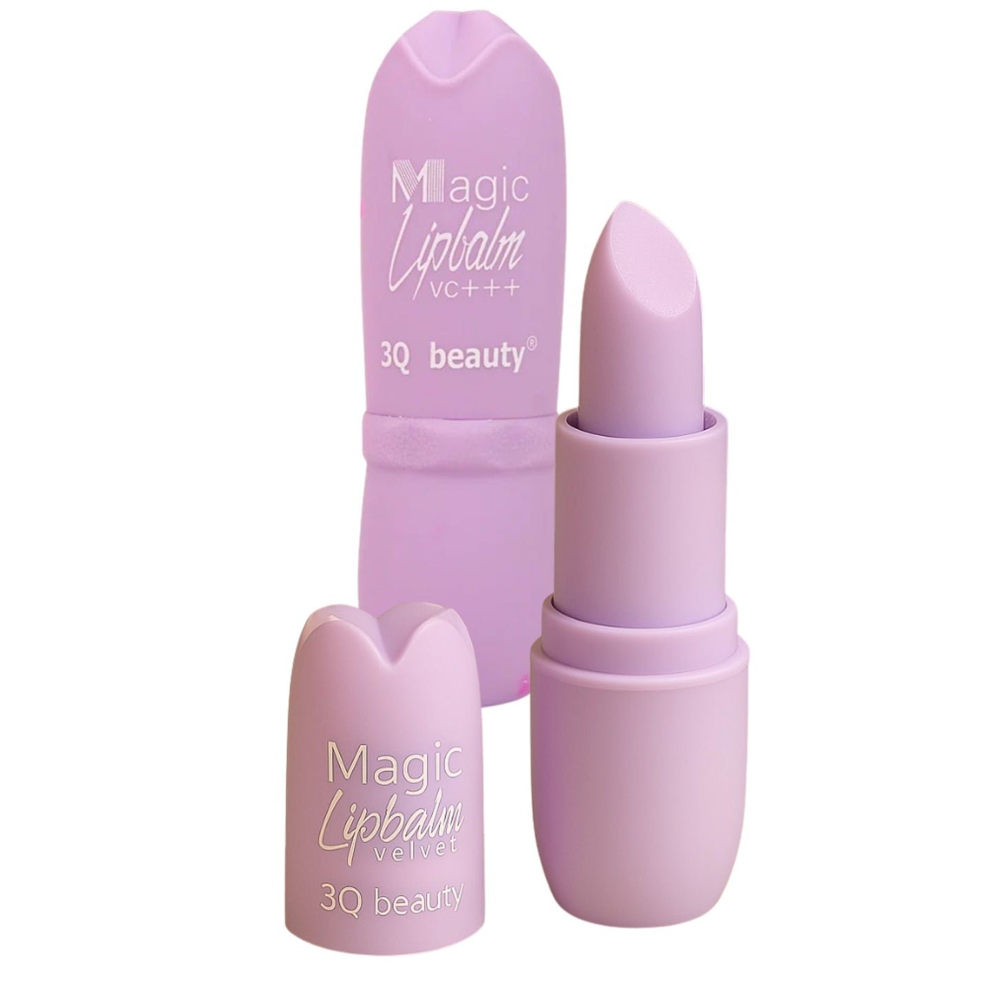Purple lip balm with packaging on a white background