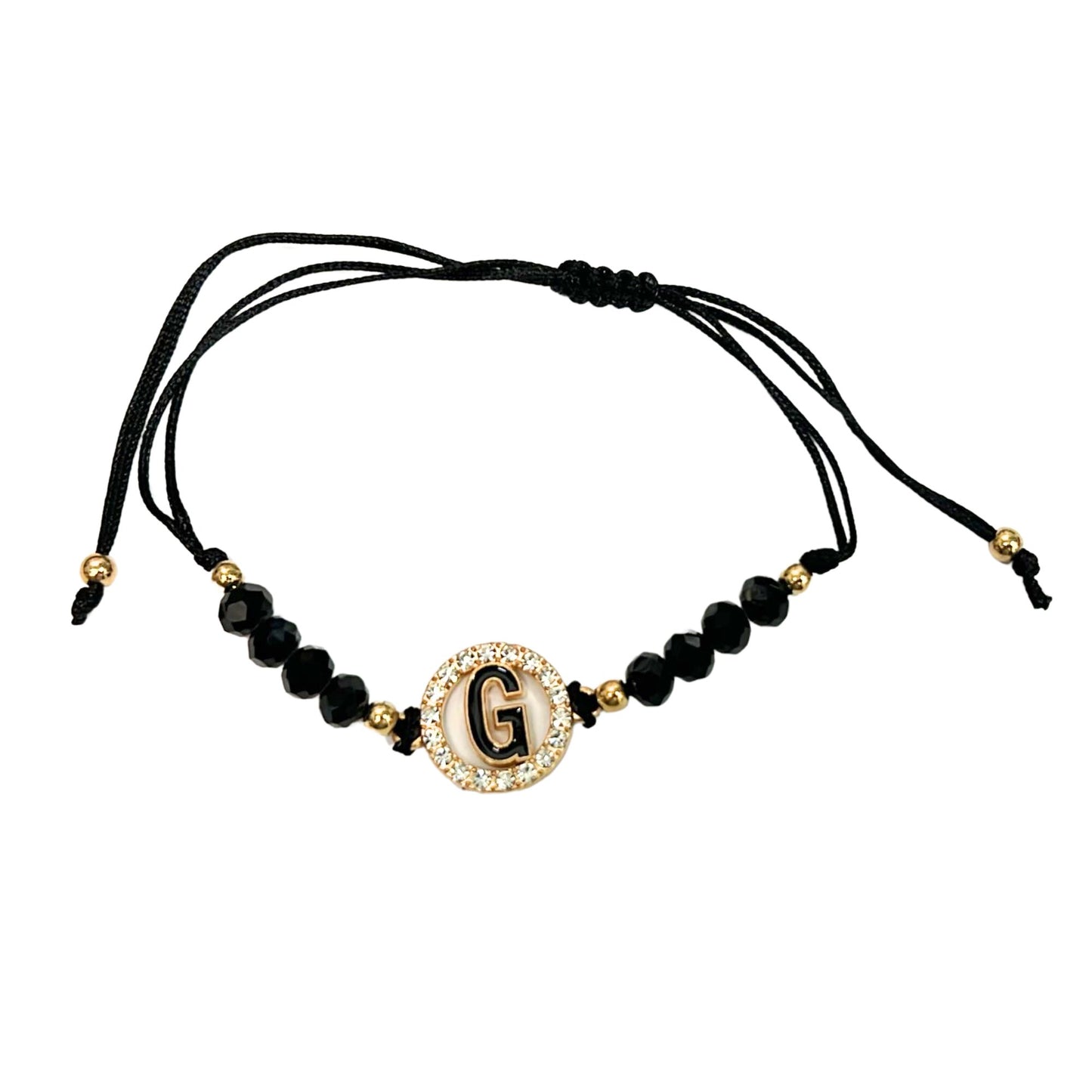 Beaded Black Bracelet with Gold Rhinestone Alphabet Letters