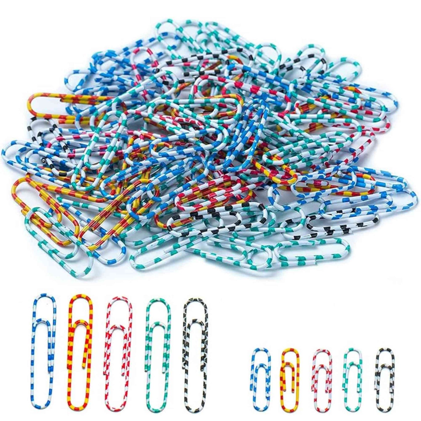 Striped Colored Paper Clips Assorted Sizes Metal Coated