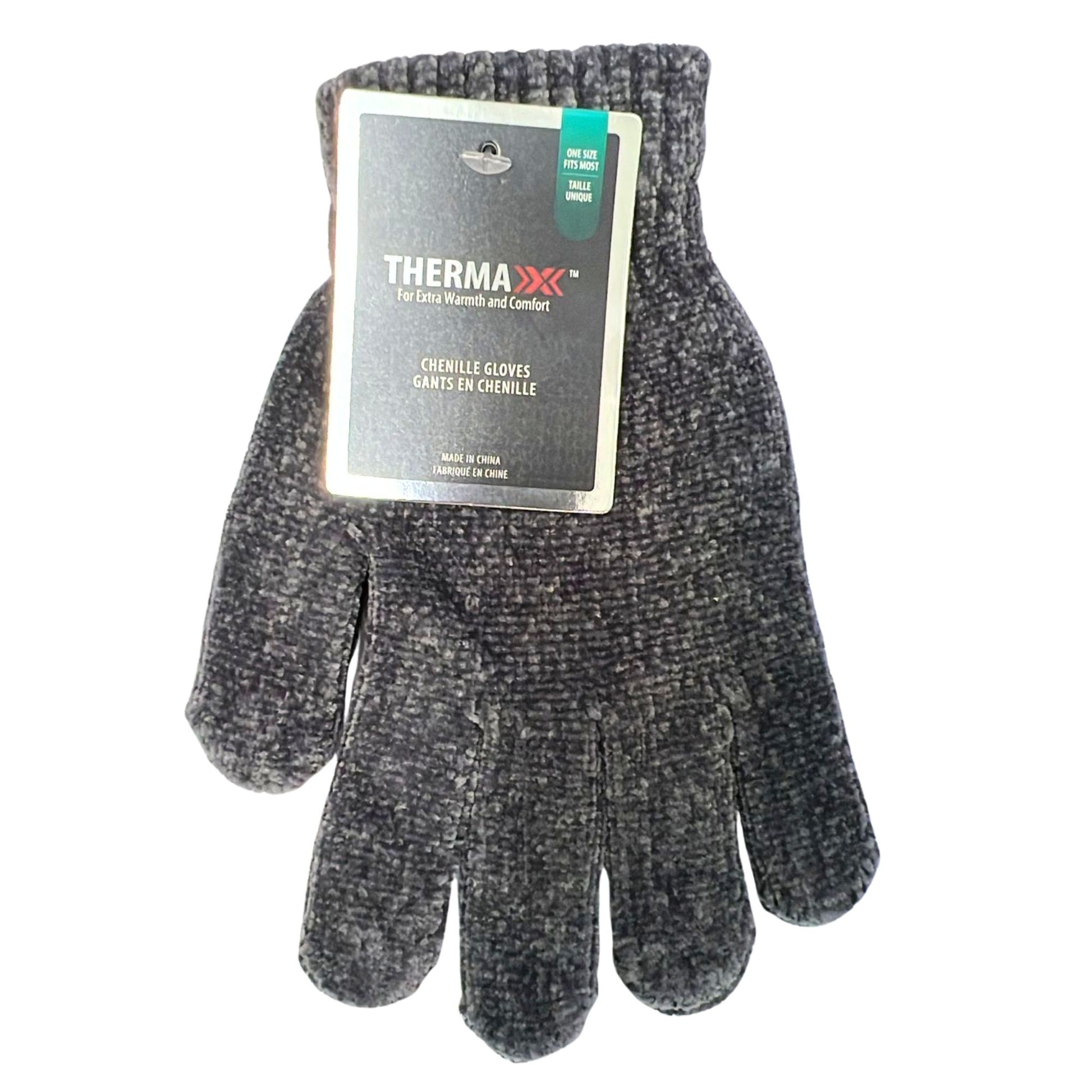 Pair of gray chenille gloves with Therma-X label on a white background