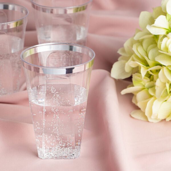 Disposable Plastic Clear 10oz Silver Rim Square Bottom Tumblers
