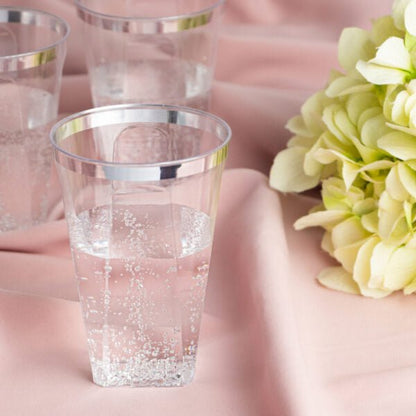 Disposable Plastic Clear 10oz Silver Rim Square Bottom Tumblers